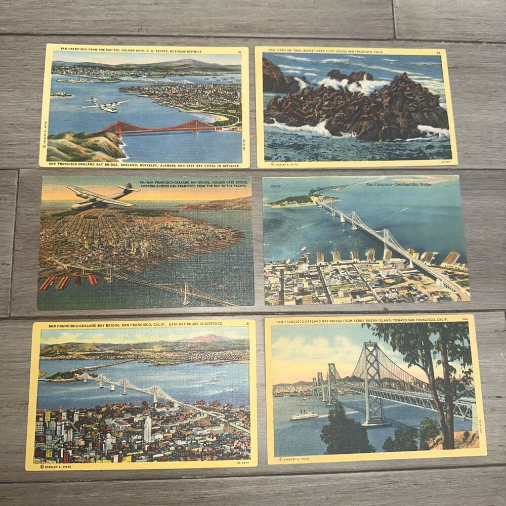 1930s Linen San Francisco Postcards x6 Golden Gate Bay Bridge Seal Rocks